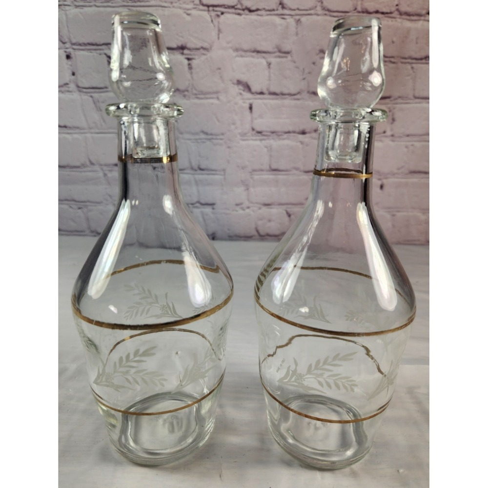 (2) Vtg Gold Rimmed Stampi Francolini Holly Etched Glass Decanters Made in Italy